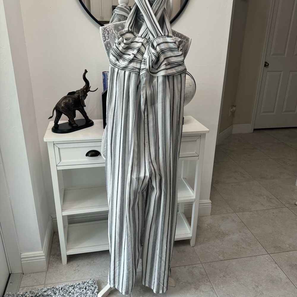 Monte White & Black Stripe Rayon Romper Pockets JumpSuit